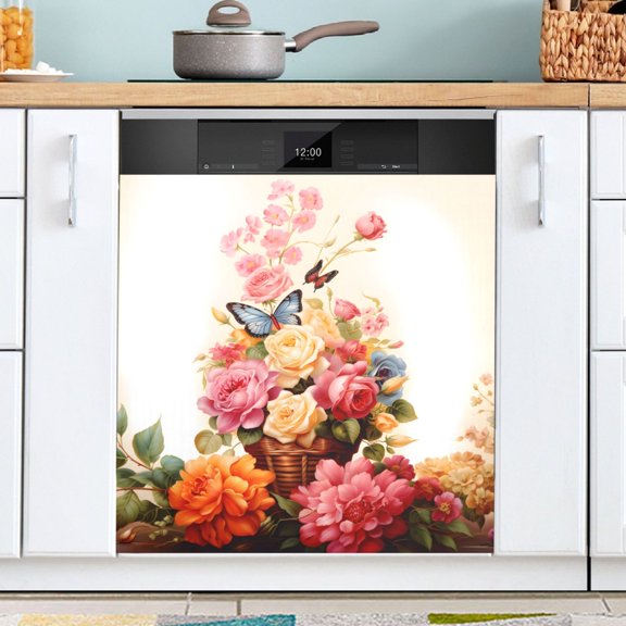 Ryvnso Butterflies on Beautiful Flowers Dishwasher Magnetic Refrigerator Magnet Cover Kitchen Home Decorative 23"x26"