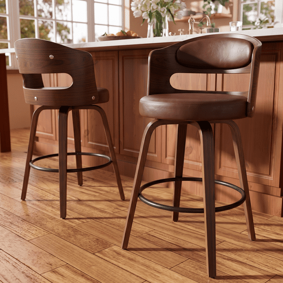 EHANCIS Bar Stools Set of 2, 27.5" Counter Height Swivel Barstools, Mid-Century Modern PU Leather Chairs with Wood Back for Kitchen Island, Brown