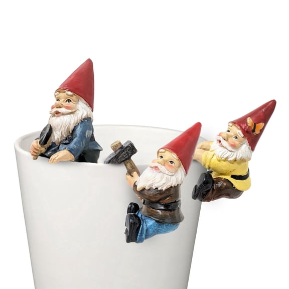 Set of 3 Resin Gnome Pot Hangers – Adorable Planter Huggers for Garden Decor – Rustic Farmhouse Style Woodland Figurines – Unique Gift for Plant Lovers and Gardeners