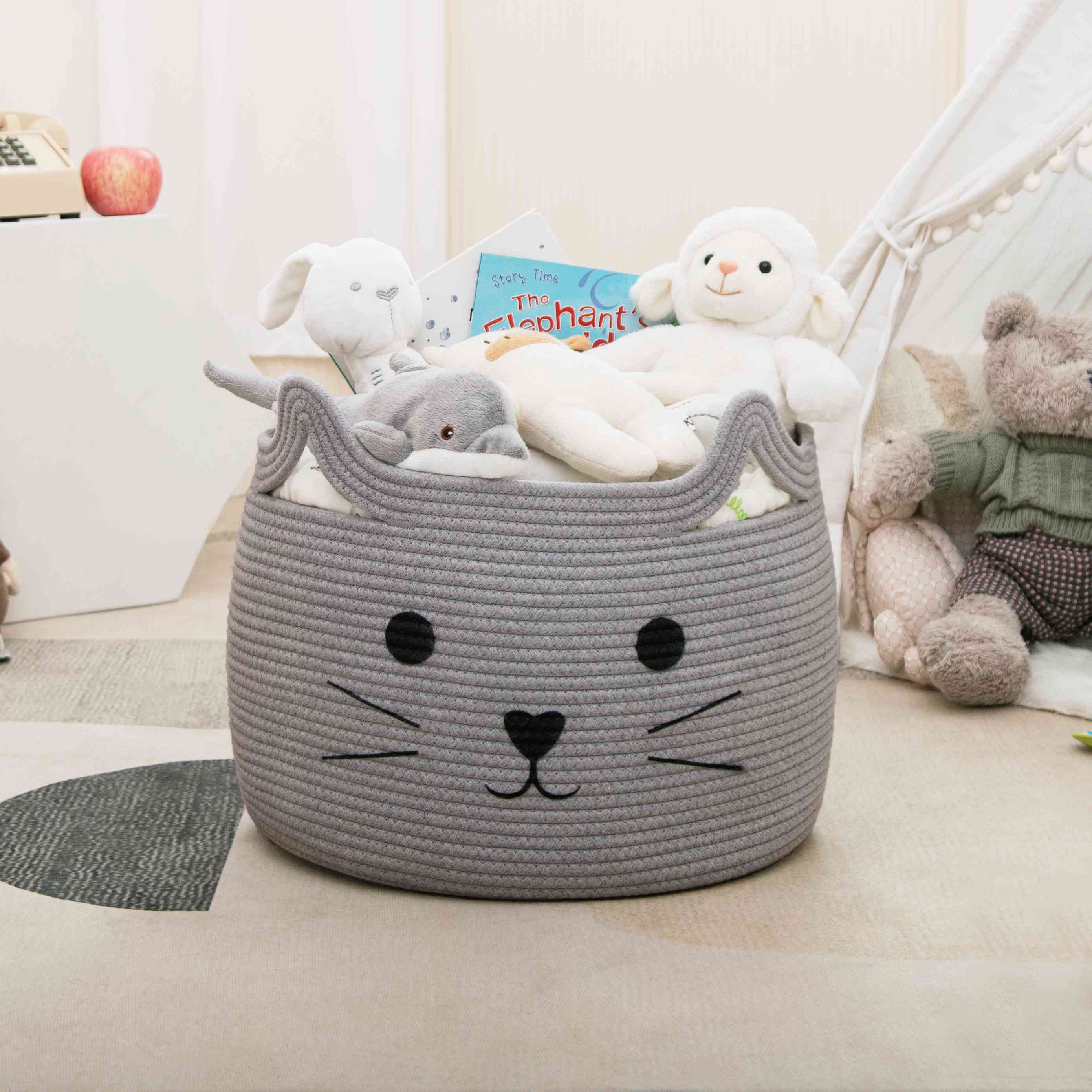 Timeyard Animal Baskets Large Woven Cotton Rope Storage with Cute Cat Design Laundry Organizer for Towels, Blanket, Toys, Clothes, Gifts – Cat Toy Box Pet or Baby Gift Baskets