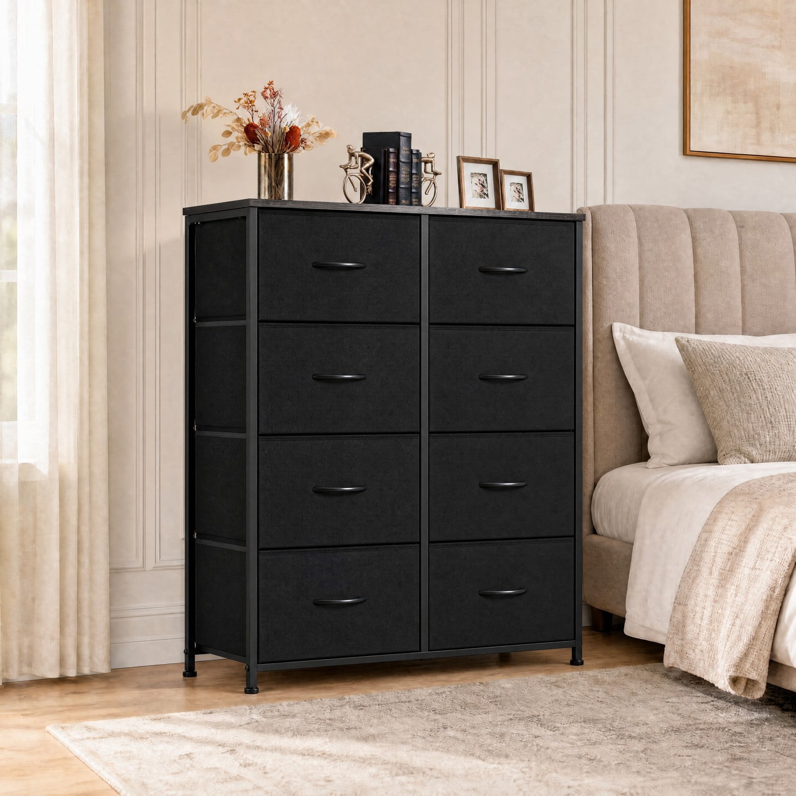 Telyra 8-Drawer Fabric Dresser Tall Storage Tower with Wood Top and Steel Frame Bedroom Closet Organizer, Black