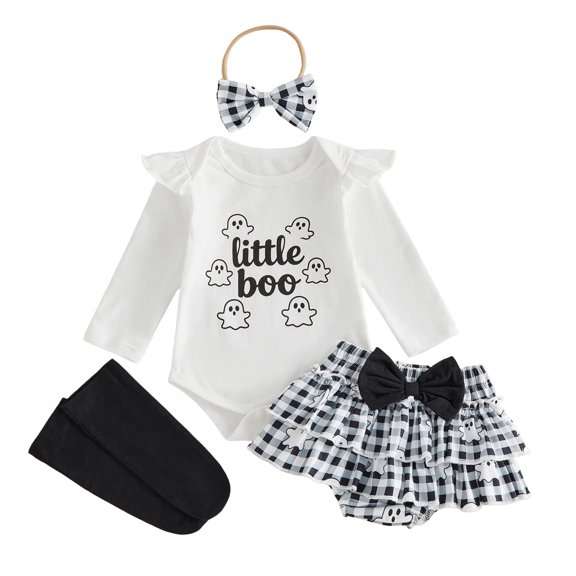 Dmsael Baby Girl Clothes Newborn Baby Girl My First Halloween Outfit Infant Ruffle Romper Bloomers Tutu Skirt Headband Socks 4Pcs Baby Girl First Halloween Outfit (Black,9-12 Months)