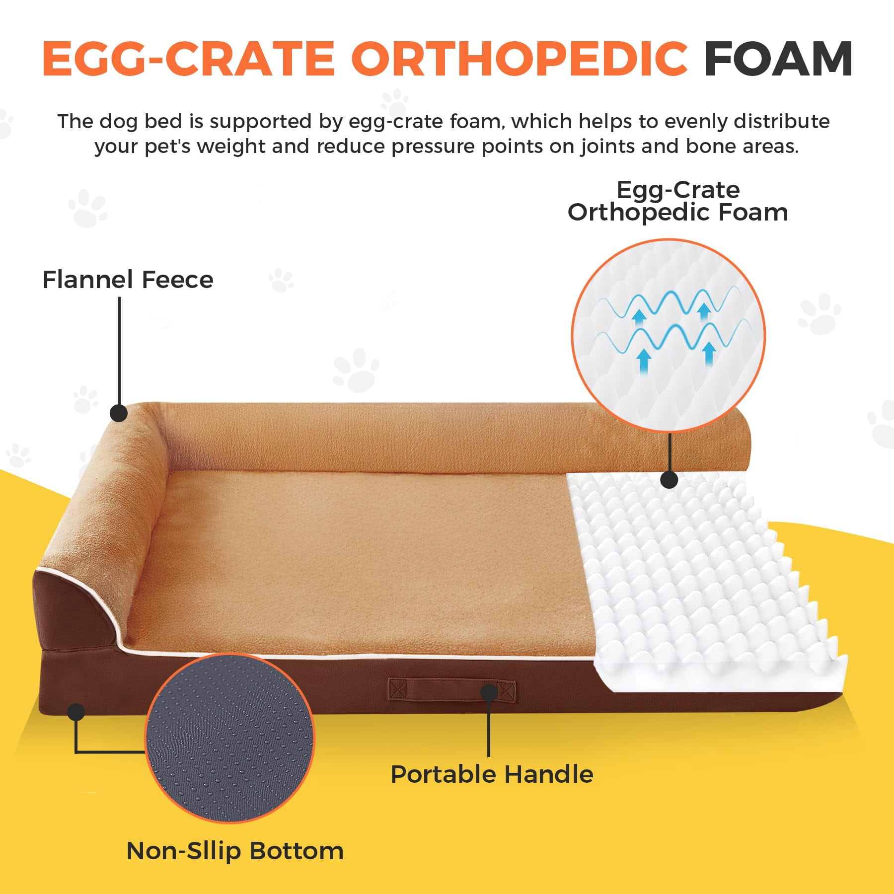 Dog Bed Large Sized Dogs  For Waterproof Pet With Washable Removable Cover L-shaped Couch Portable Handle 36"x27"x6.5" Brown