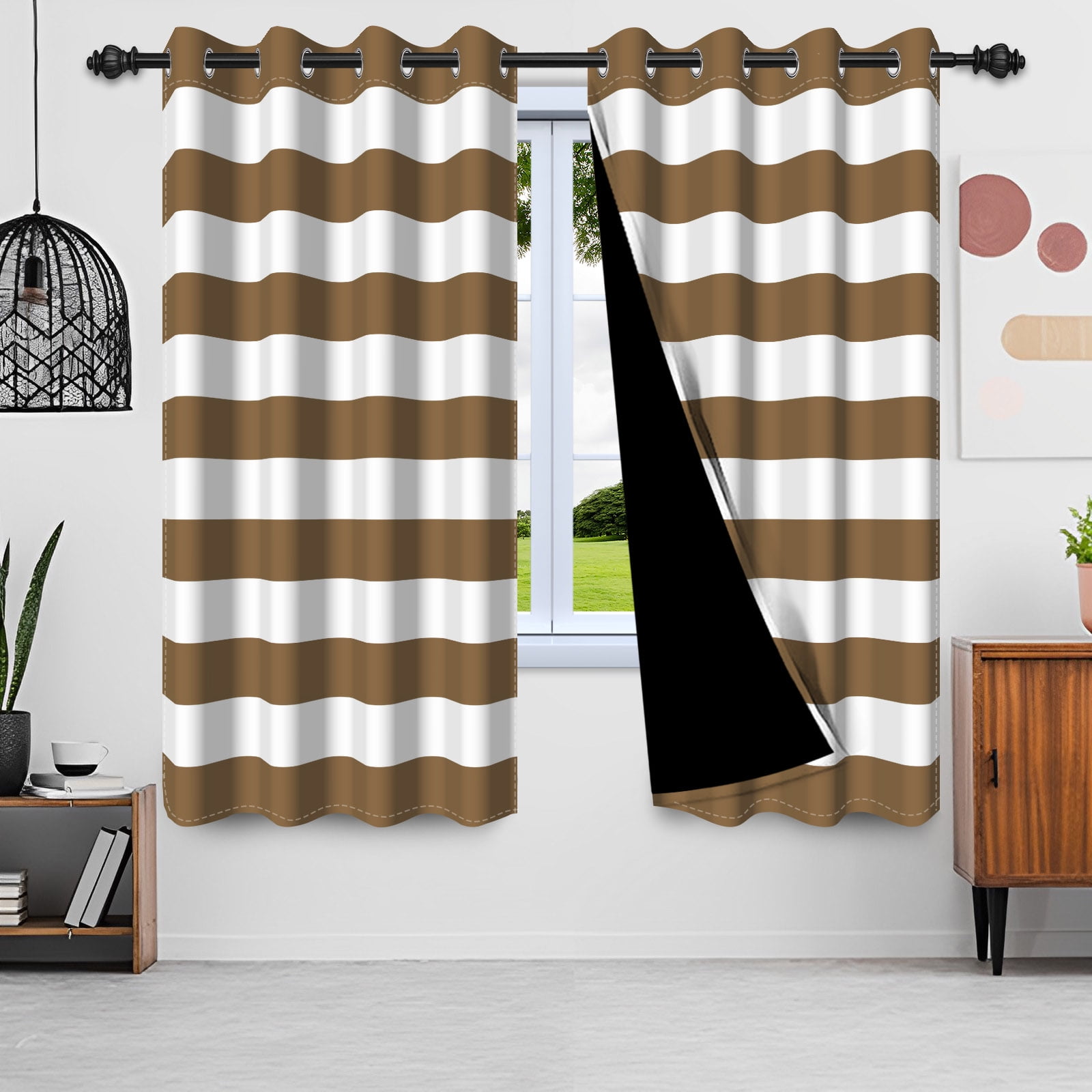 Nanqianyi Brown Striped Blackout Curtains Panel Pair, 42"x84", Grommet Top Thermal Insulated Drapes for Bedroom Living Room