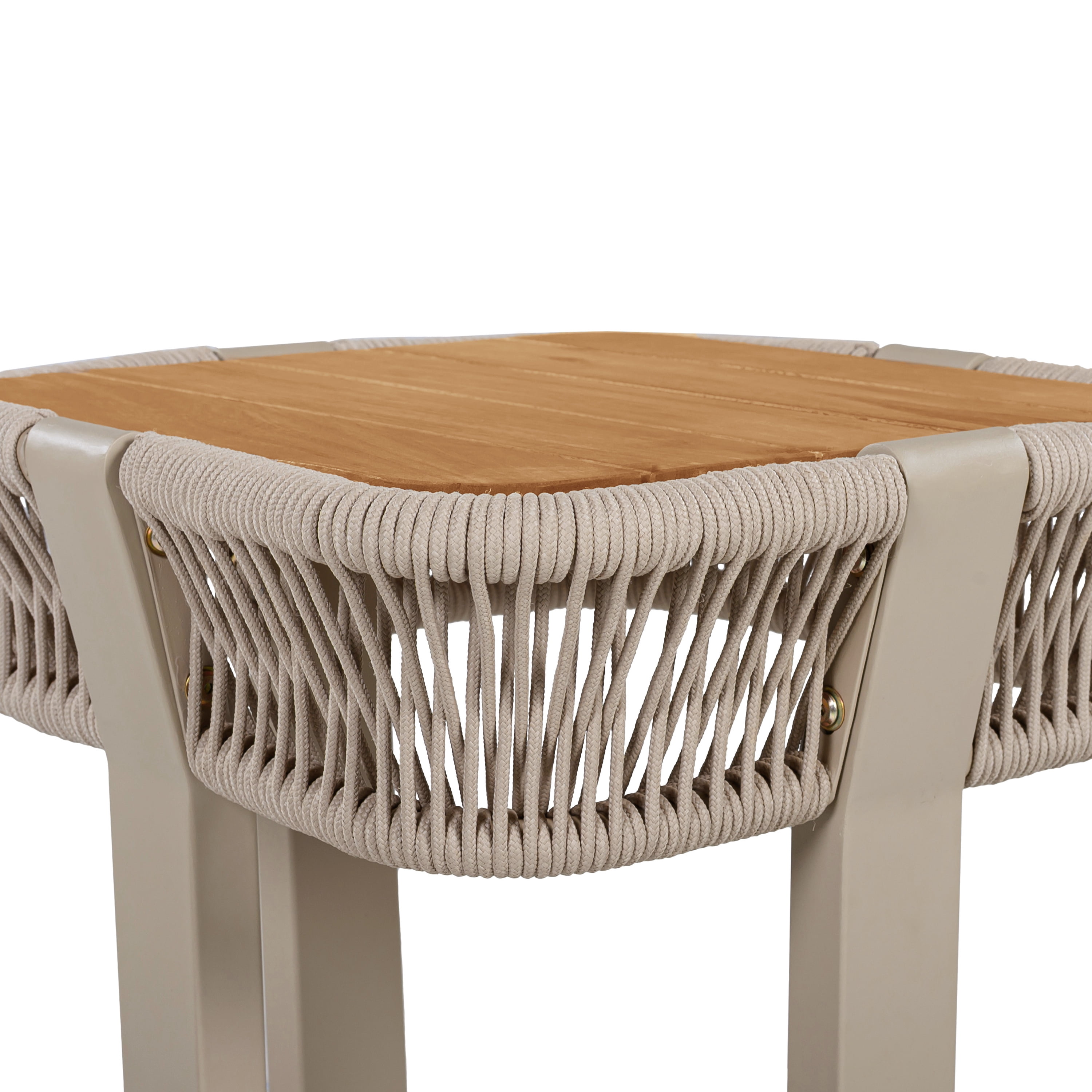 Outdoor Side Table 18.11 Inch, Acacia Wood Top with Beige Rope and Metal Frame for Patio Balcony, Teak and Beige