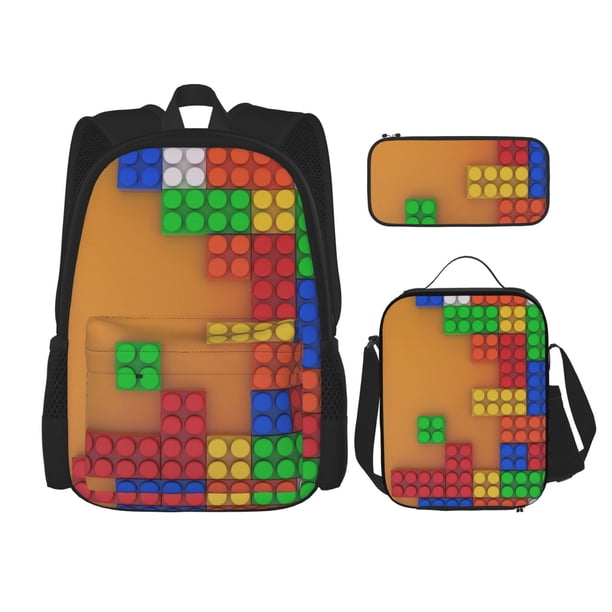 Fotbe Colorful Building Blocks A Set Escolar 3 en 1 para Niños - Mochila Duradera con Lonchera Aislante y Estuche para Lápices - Mochila Escolar para Niños y Niñas