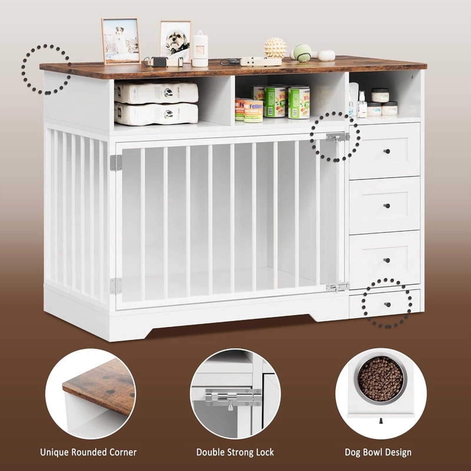 Towallmark 48 Inch Dog Crate Furniture, Farmhouse Dog Kennel with Bowl & Drawers, Heavy Duty Pet Crate Table for Medium Small Dogs for Living Room, Entryway Storage