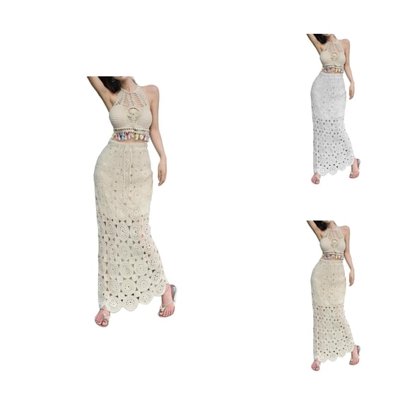 Womens Crochet Maxi Skirt Summer Beach Skirt Cover Up Elegant Lace Hollow out Boho Skirts Long Skirts