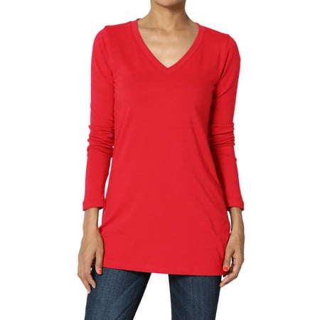 Stretch V-neck Camisole - TheMogan Women's S~3X V-Neck Long Sleeve T-Shirt Stretch Cotton Slim Fit Top