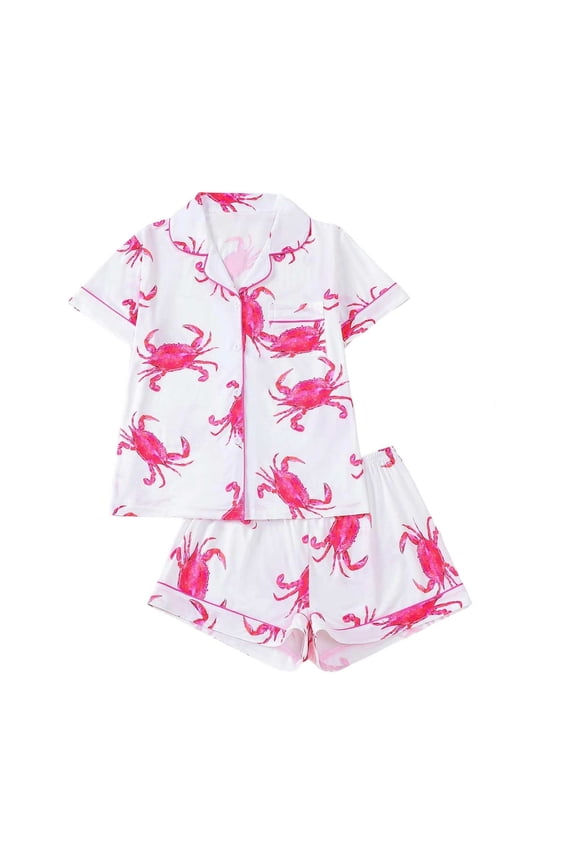 Women's Pajamas Cartoon Crab Print 2 Piece Pajama Set Short Sleeve Lapel Button Front Top Elastic Waisted Shorts Loungewear Set For Home Wear Adorable Pjs