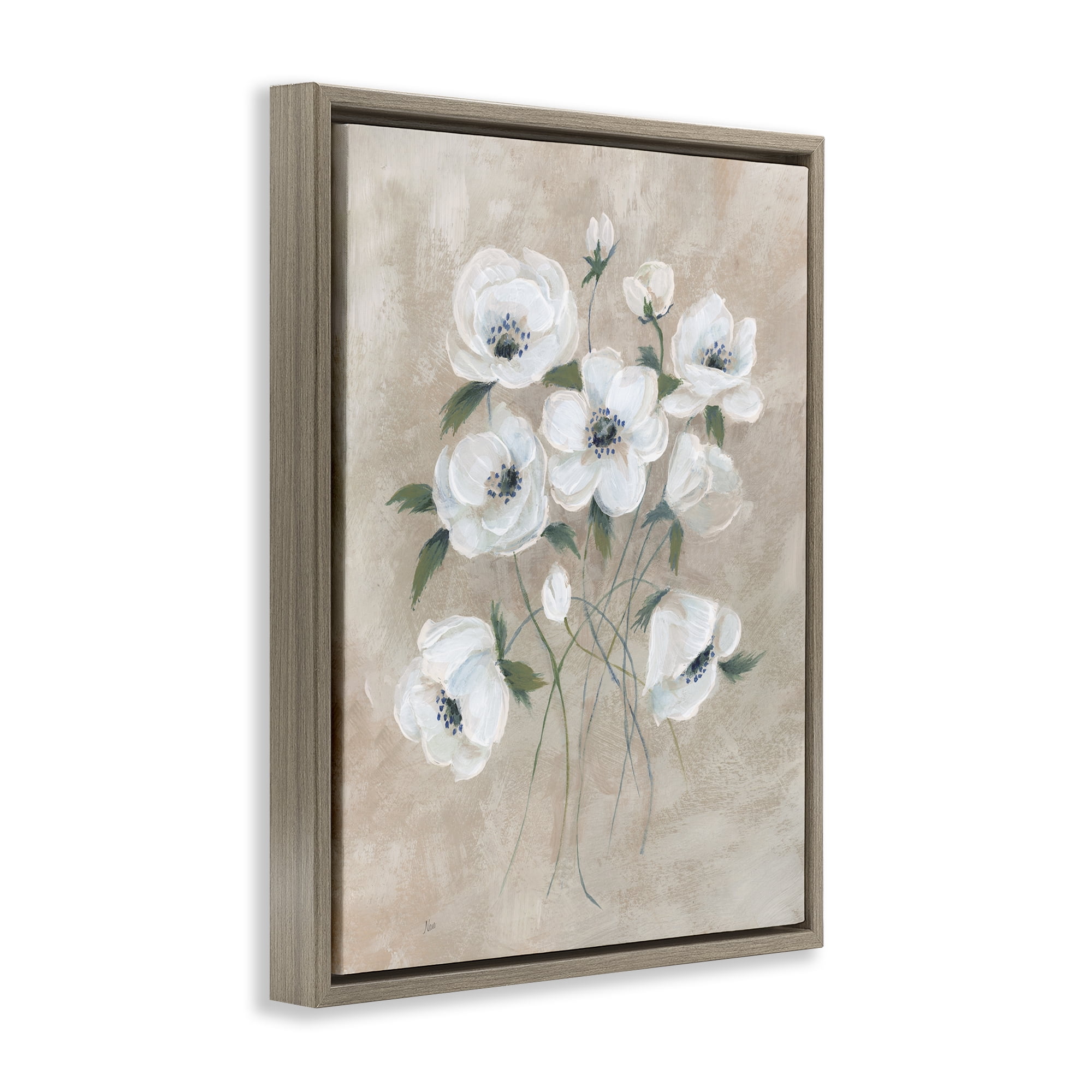 Stupell Industries Beige Neutral Flowers Plants & Flowers Painting Brown Floater Framed Canvas Art Print Wall Art, 17 x 21