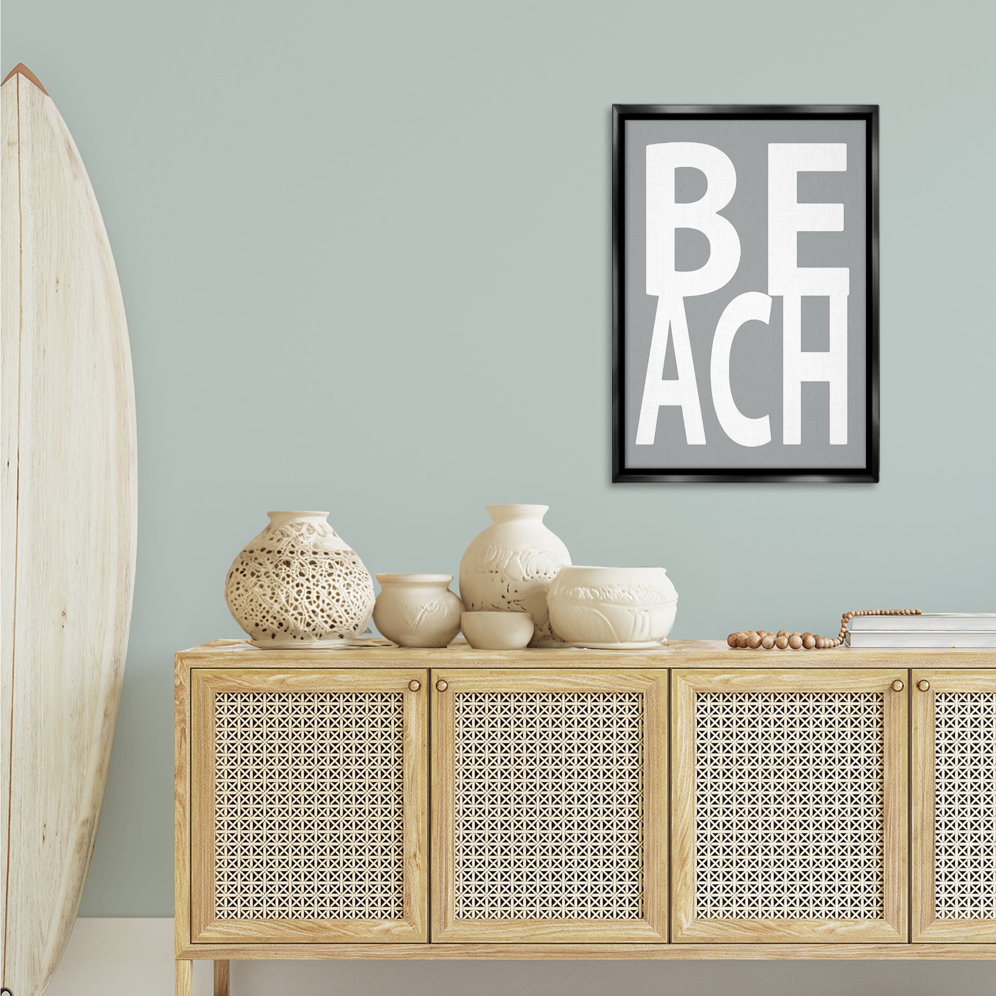 Stupell Industries Beach Word on Grey Typography Painting Black Floater Framed Art Print Wall Art, 21 x 31