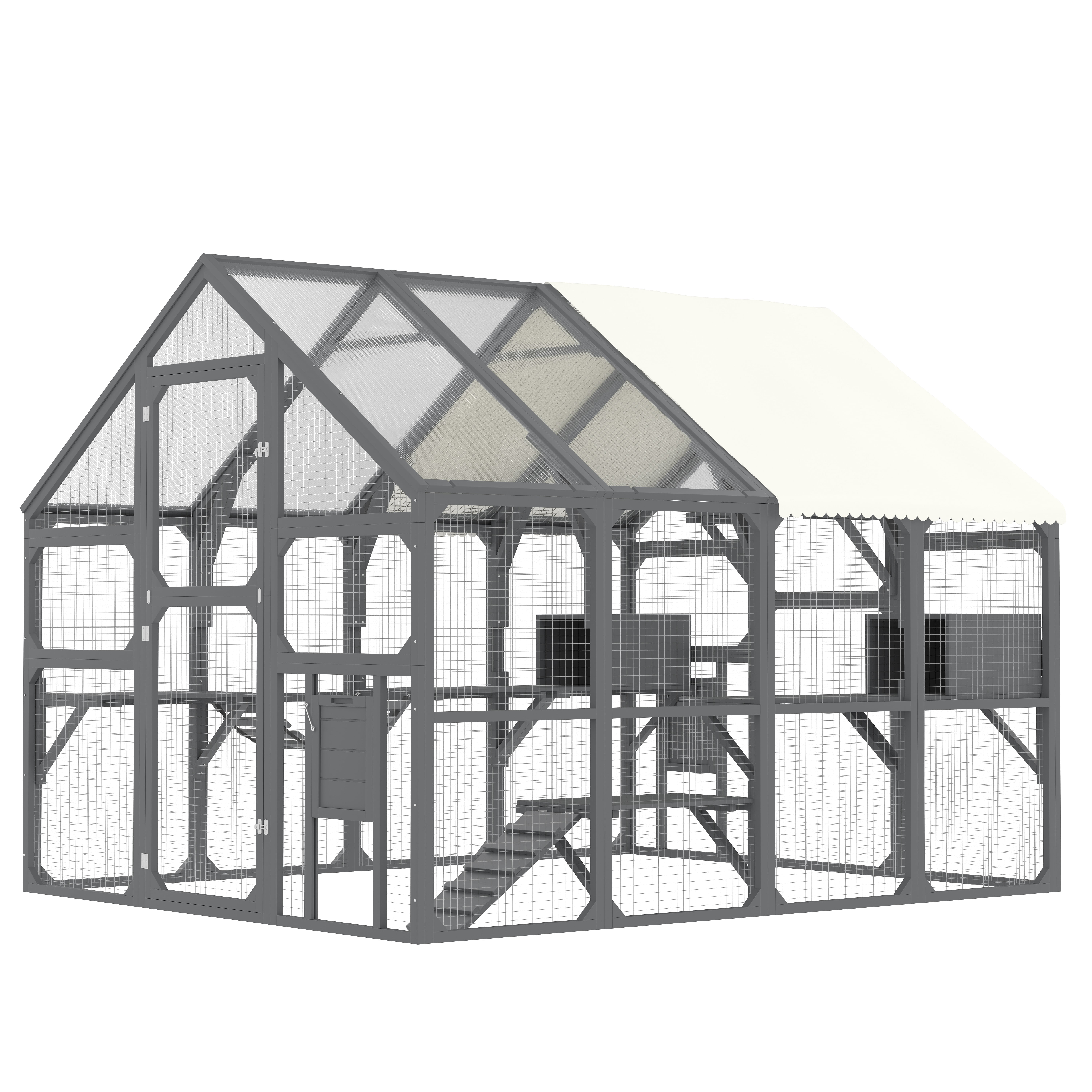 Eyisean 74.4" H Wooden Large Catio Outdoor Cat Enclosure, Durable Walk in Cat House with 7 Platform & 2 Resting Box, All-Weather Kitty Cage Kennel with Wire Mesh & Sunshine Board for Multiple Kitty