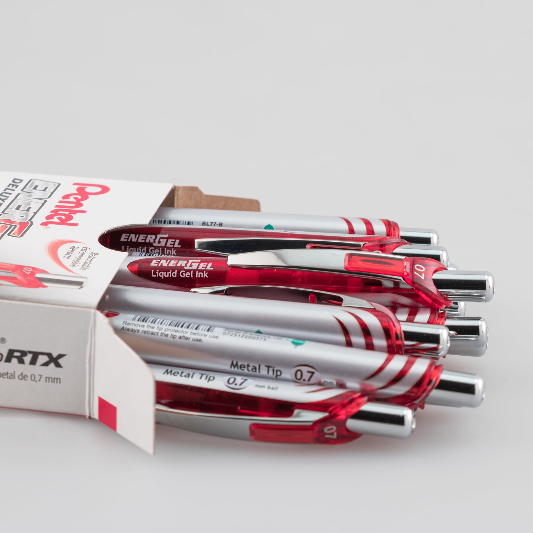 Pentel EnerGel RTX Retractable Liquid Gel Pen, (0.7mm) Metal Tip, Medium Line, Red Ink, 1 Dozen