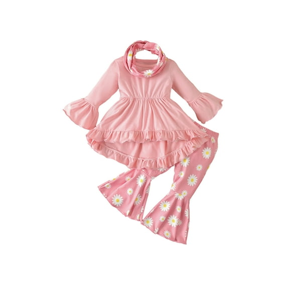 Bagilaanoe 3pcs Toddler Baby Girl Pants Set Ruffled Long Sleeve A-Line Dress Tops   Flare Trousers   Headband 12M 24M 3T 4T 5T 6T Kids Casual Clothes