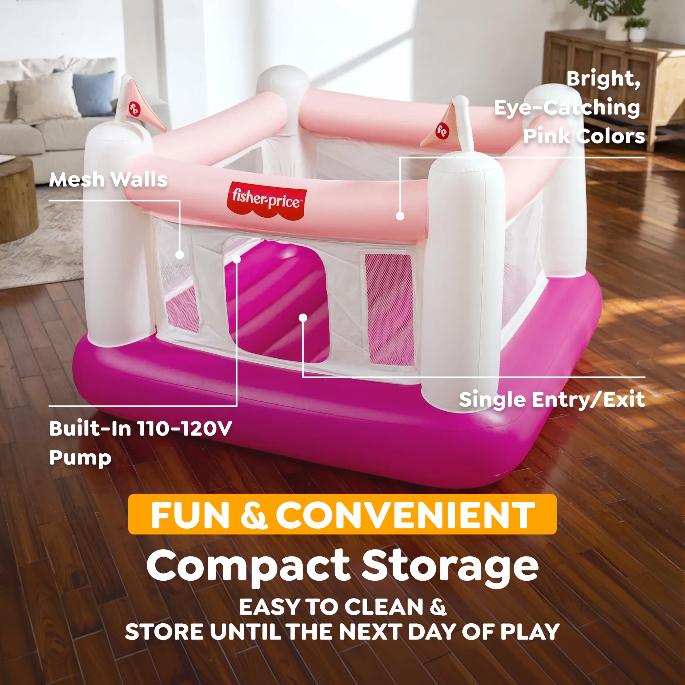 Fisher-Price Pink Bouncesational Indoor Inflatable Bouncer with Built-In Pump