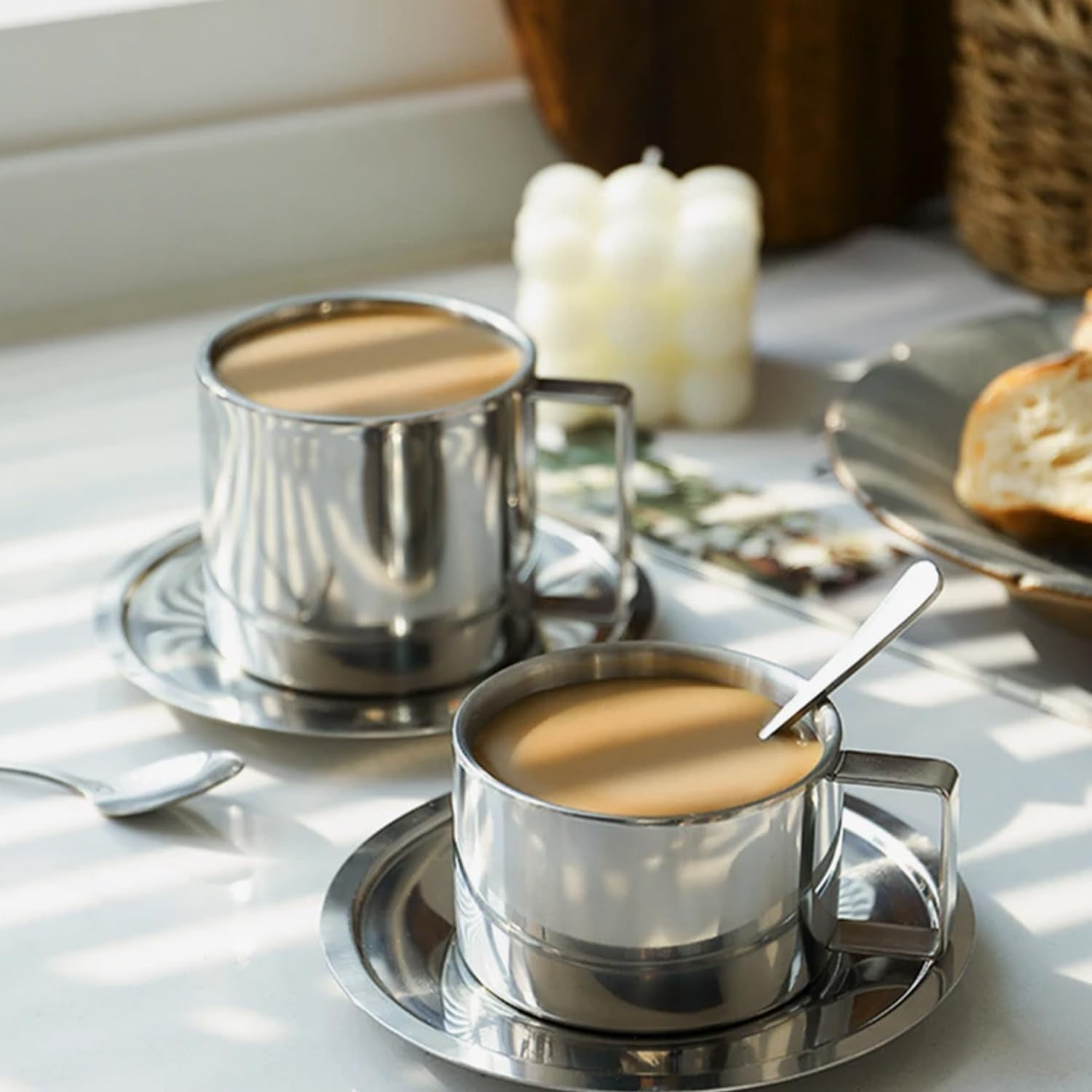 ABPETE Stainless Steel Coffee Cup Set, 200ml/7oz Insulated Coffee Cup Set Double Walled Mugs Milk Tea With Spoon Saucer for Coffee Latte Tea Milk