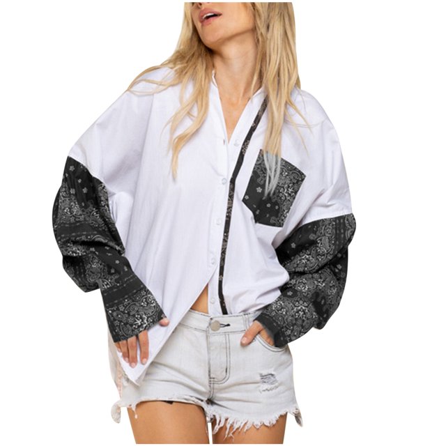 Womens Casual Turndown Collar Button Front Printed Patchwork Long Sleeve Pocket Shirt Top Blouses Fall Tops