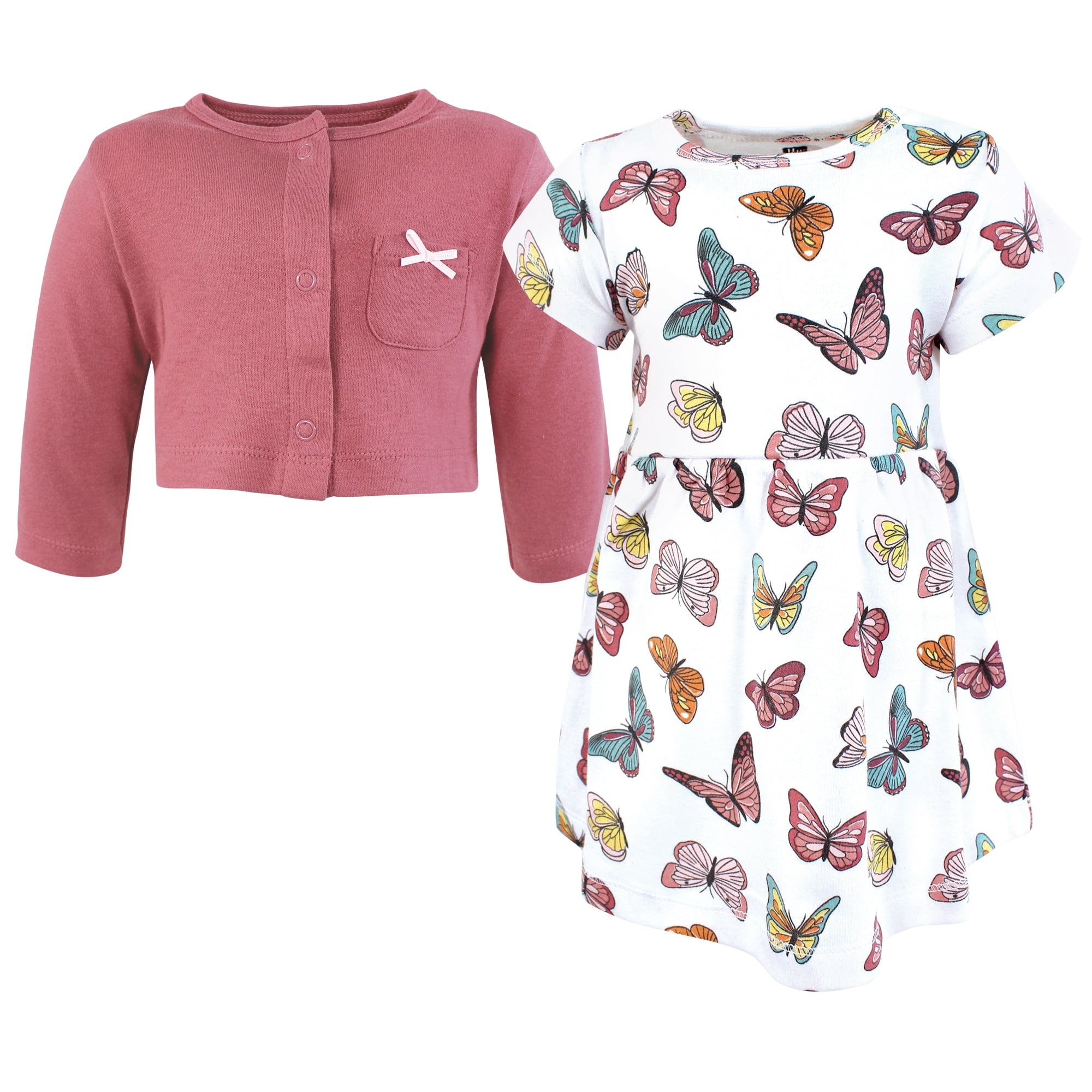 Hudson Baby Infant and Toddler Girls Cotton Dress and Cardigan Set, Mauve Butterflies, 2T