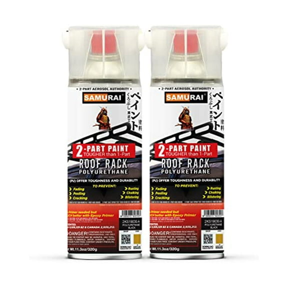 SAMURAI 2-Part Polyurethane Spray Paint for Car Roof Rack - 11.3 Ounce UV Resistant and Rust Resistant Polyurethane Spray (FLAT BLACK, Pack of 2 Cans)