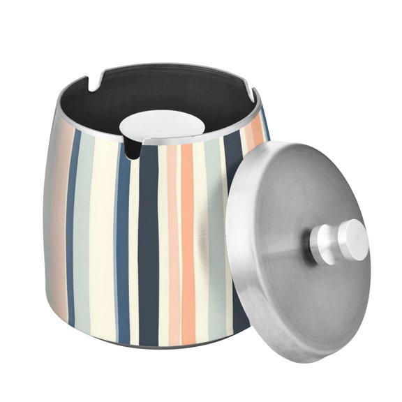 (9.3*9.3*9.7inch)Ashtray with Lid for Cigarette, Stainless Steel Smokeless Odorless Windproof Ashtrays, for Home Office Tabletop Outside Patio Outdoor Balcony Blue Peach and Navy Stripes