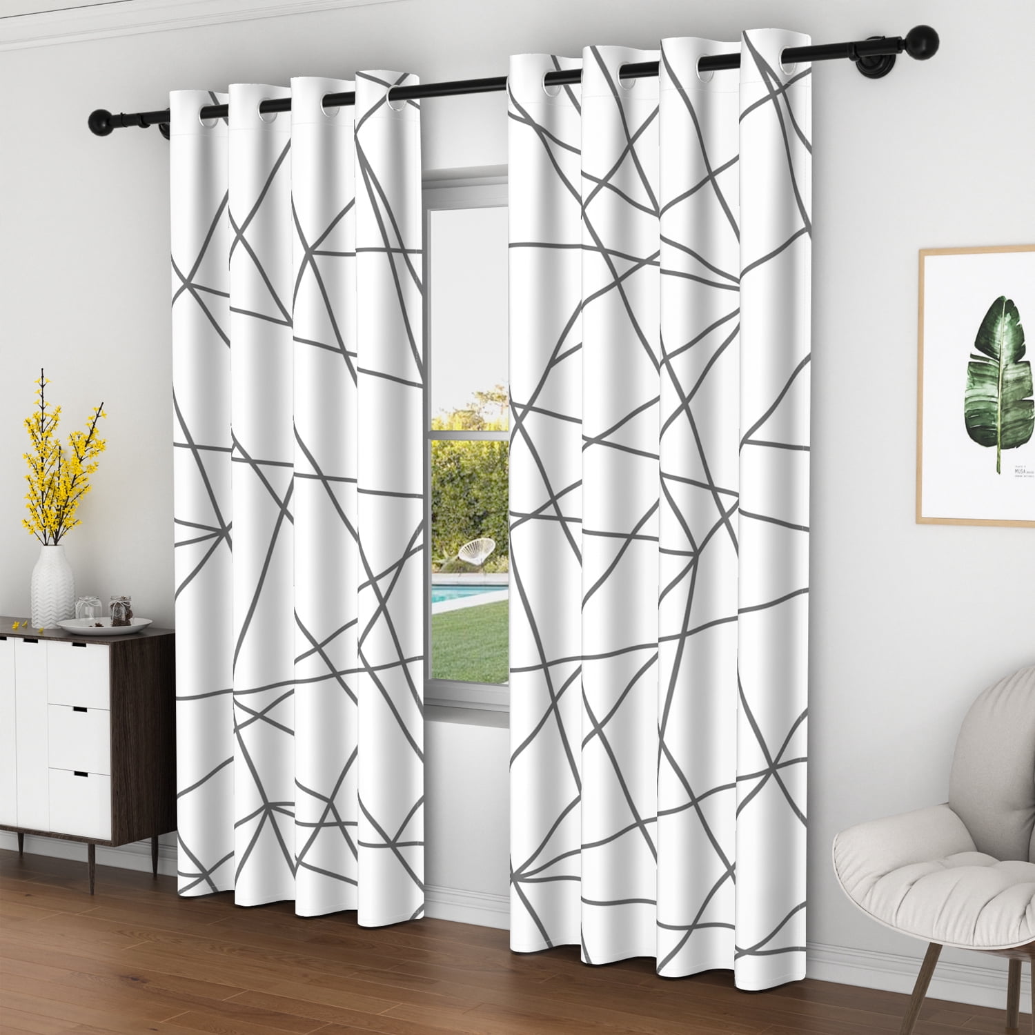 Lfeey White Blackout Curtains, Geometric Silver Line Top Grommet Curtains, White, 42x72 inches, 2 panels