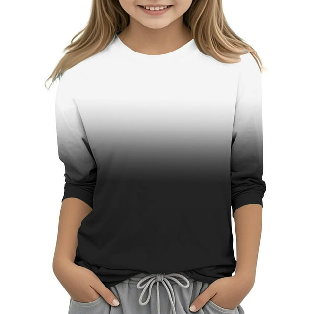 MKOSPLRT Gradient Tops for Children 3/4 Sleeve Casual Shirts for Girl Round Neck Loose Fit T Shirts Lightweight Blouses Spring Tees