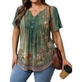 thumbnail image 2 of Womens Plus Size Tunic Tops Summer Short Sleeve V Neck Floral Blouse Casual Loose Fit Pleated Button Down Dressy T Shirts for Work, Travel & Everyday Wear, 2 of 6