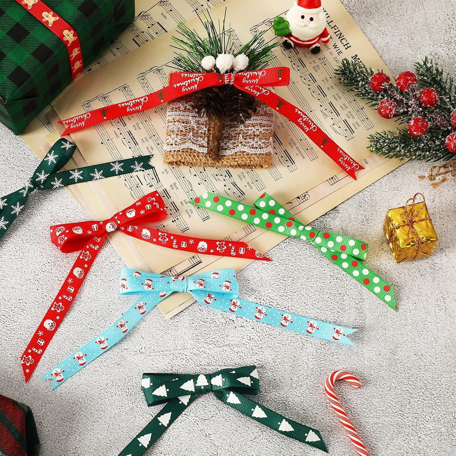 Christmas Ribbon, 15 Yards 3/8 Inch Christmas Grosgrain Ribbons for Gift Wrapping, Christmas Festival Pattern Printed Ribbon for DIY Crafts Xmas Holiday