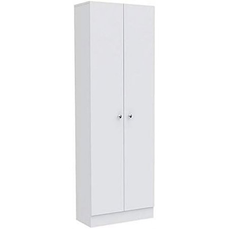 Contemporary Kitchen Tall Utility Storage Pantry Cabinet in White & Light Oak with Metal Handles