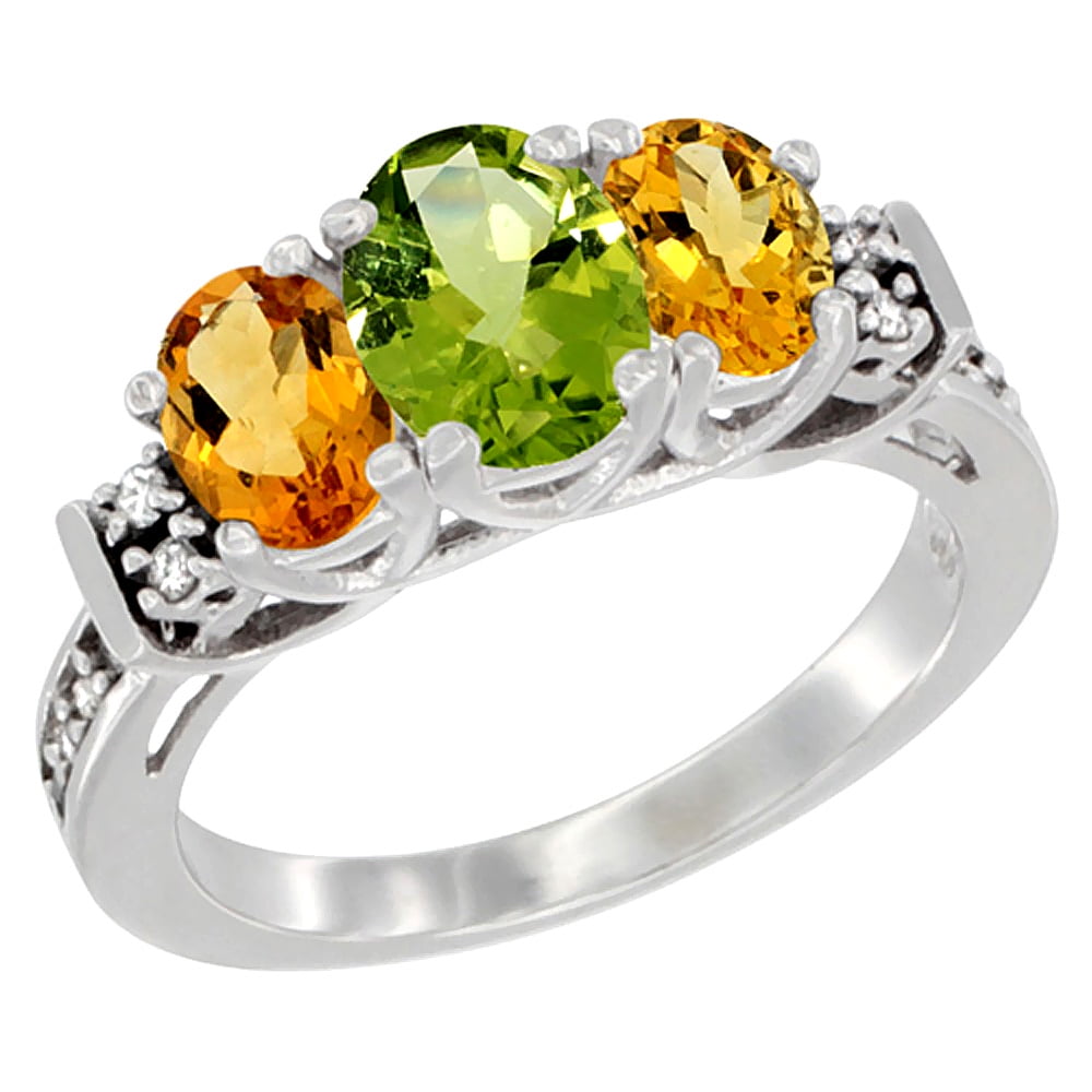 10K White Gold Natural Peridot & Citrine Ring 3-Stone Oval Diamond Accent, sizes 5-10 by WorldJewels