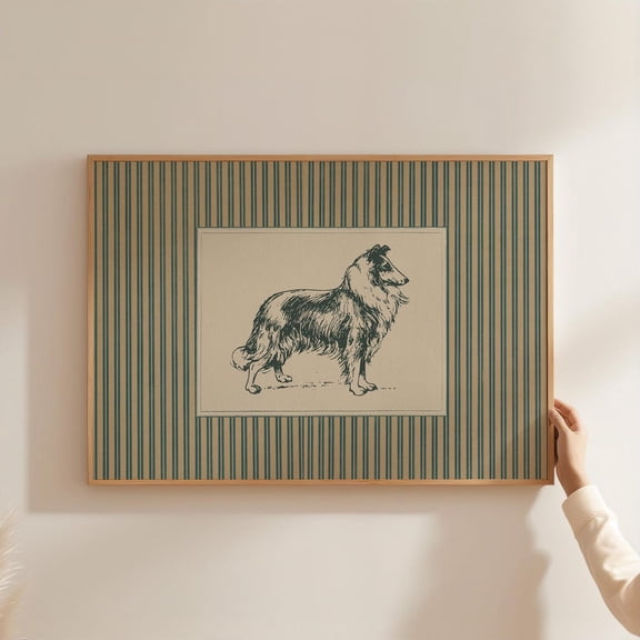 Vintage Border Collie Poster with Teal Rustic Farmhouse Style Unframed Paper Print