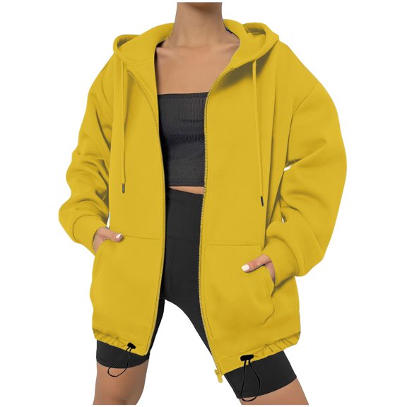Winter Long Sleeve Hoodied Sweatshirts Solid Color Zipper Sweat Outwear Loose-Fit Fleece Coat with Pockets
