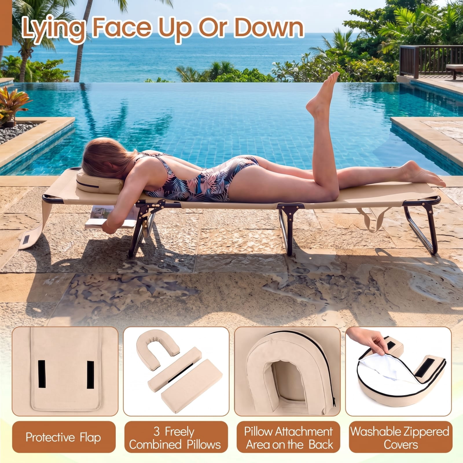 Furnibear Folding Patio Chair Solid Metal for Patio Porch Poolside Beige 330 lbs Capacity Weather-Resistant Outdoor Furniture