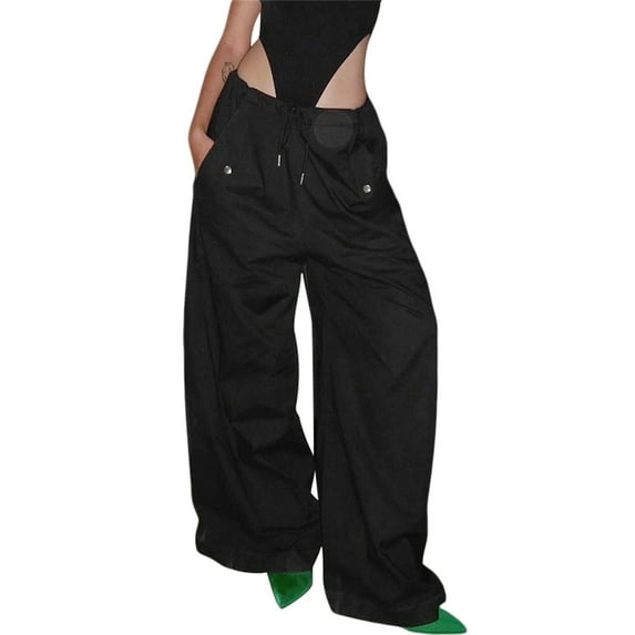 hirigin Women's Spring Autumn Casual Cargo Pants Solid Color High Waist Drawstring Straight Leg Pants
