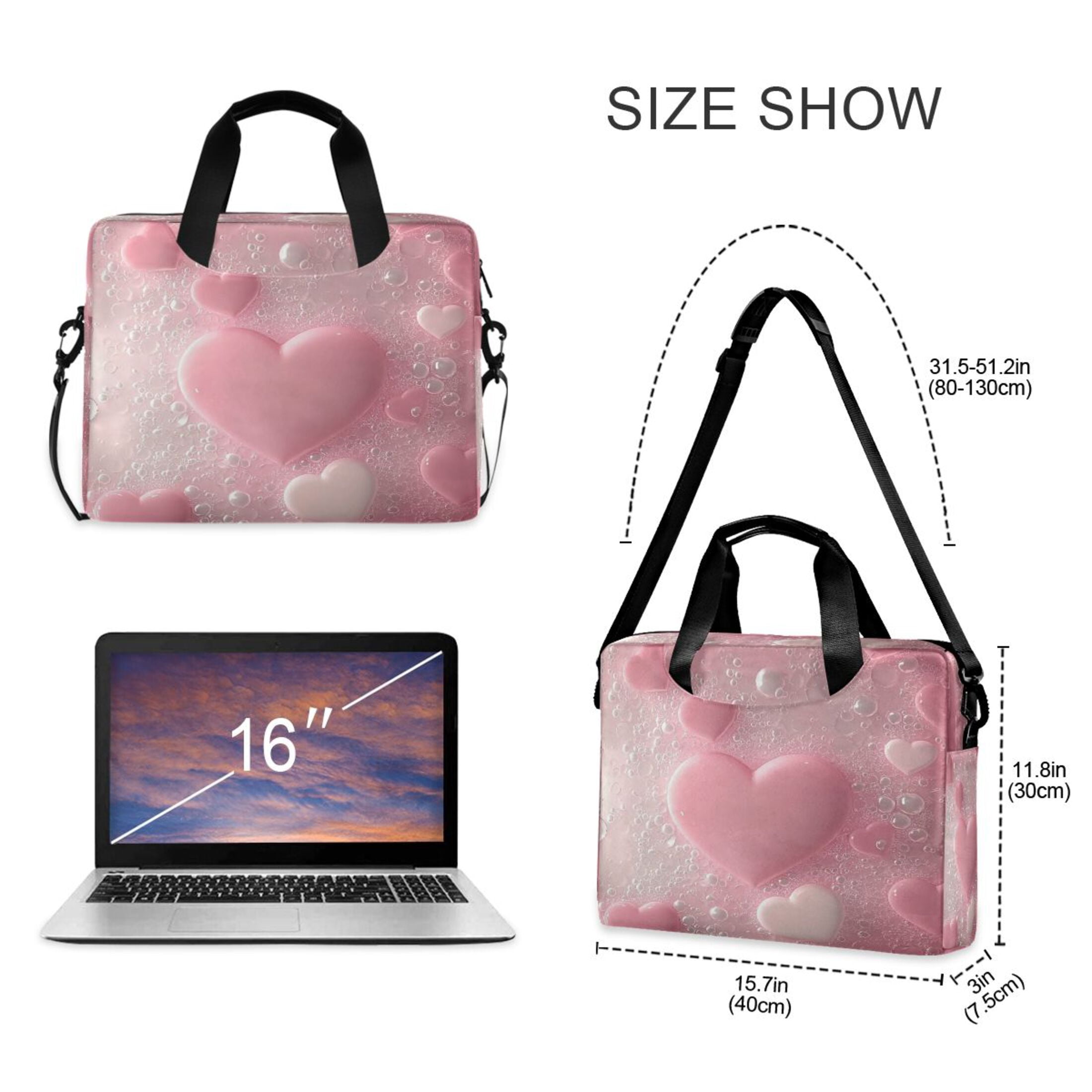 16" Laptop Tote Bag Laptop Sleeve Case Computer Briefcase for Work & Travel Pink Heart Bubbles
