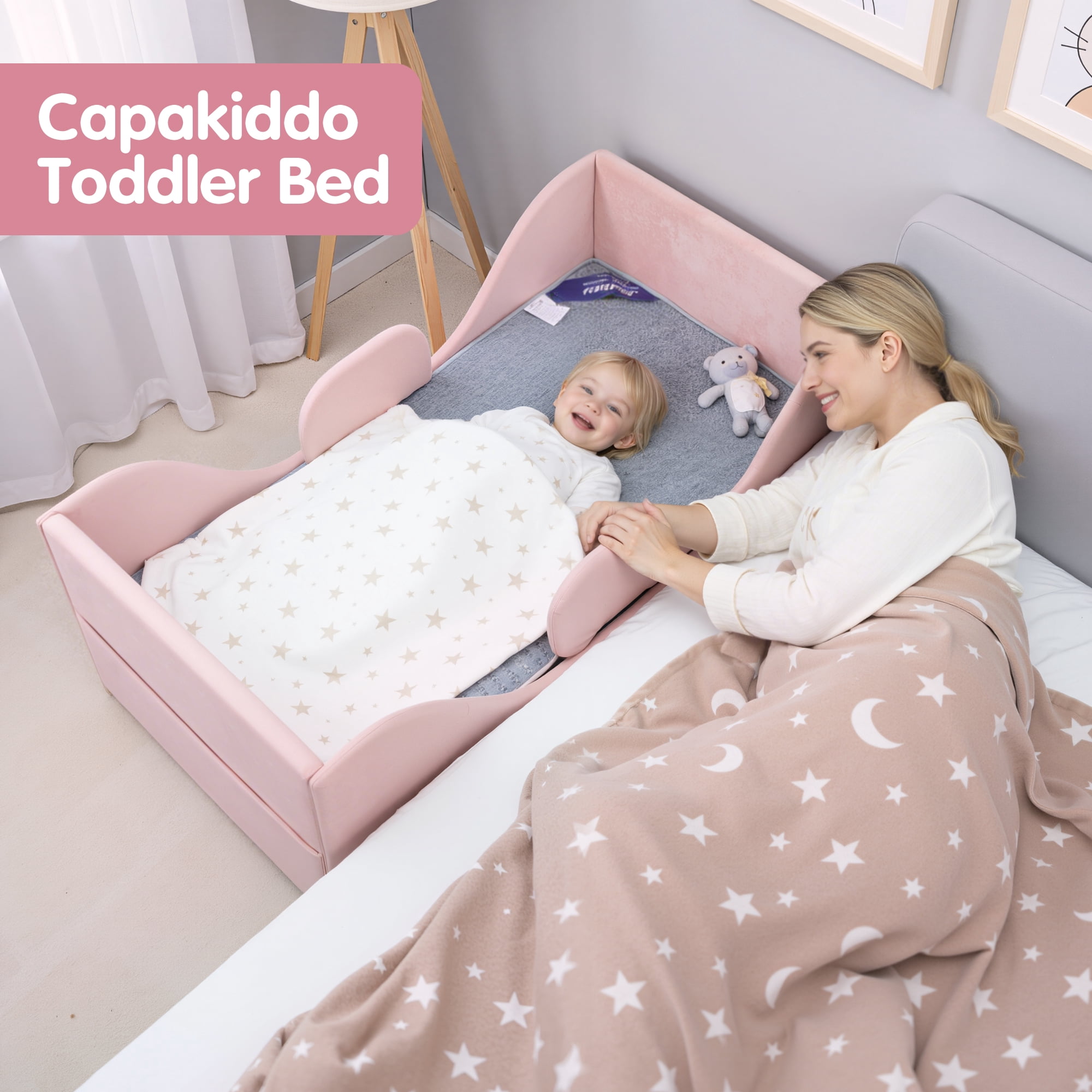 Toddler Bed, Toddler Floor Bed – Low-to-Ground Design with Detachable Guard Rails, Soft Upholstered Transition Bed, Standard Crib Size for kids Ages 1–6 (Pink)