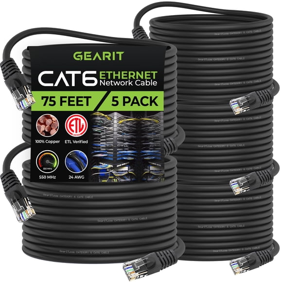 GearIT Lot de 5, Câble Ethernet Cat 6 Patch Sans Accroc 75 Pieds - Cordon Réseau LAN pour Ordinateur, Noir - Compatible avec Switch 5 Ports POE 5port Gigabit