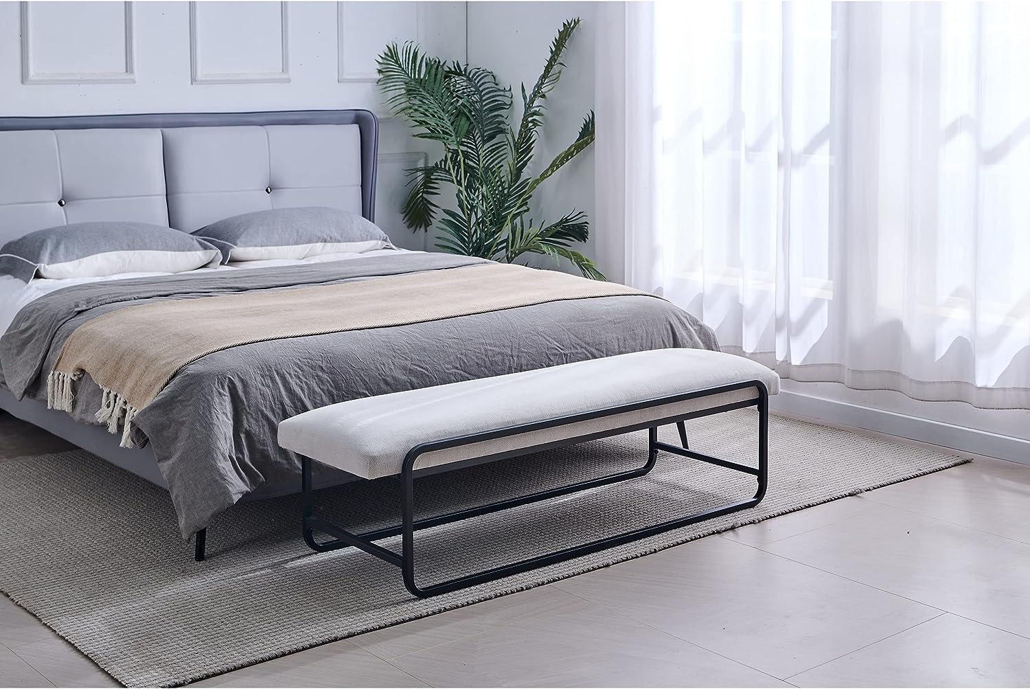 Nathaniel Home Upholstered Bedroom Benches, 60 inch Kids Ottoman Vegan Leather Footrest Stool, Accent Bench for Entryway Bedroom End of Bed, White