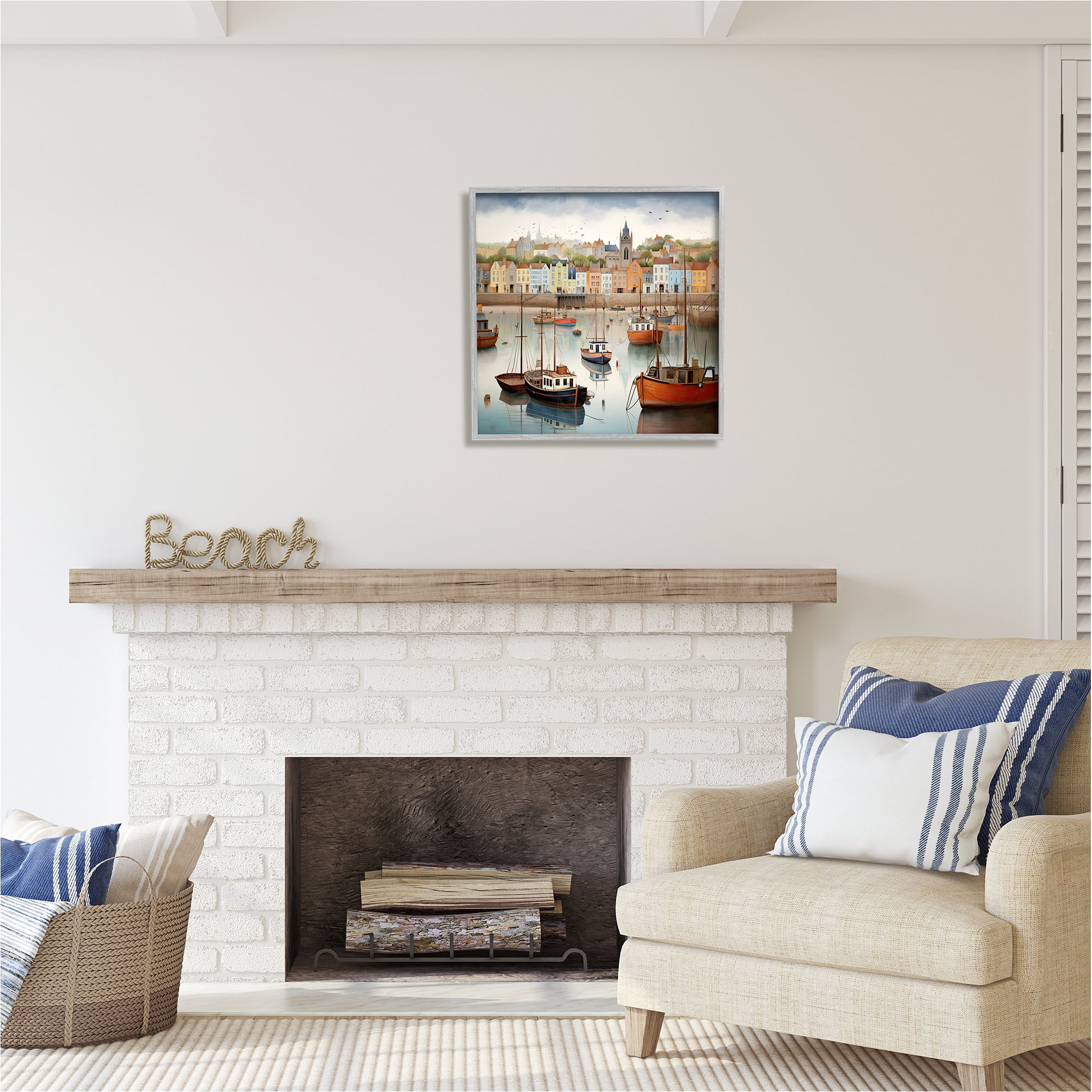 Stupell Industries Seaside City Harbor Transportation Painting Gray Framed Art Print Wall Art, 24 x 24