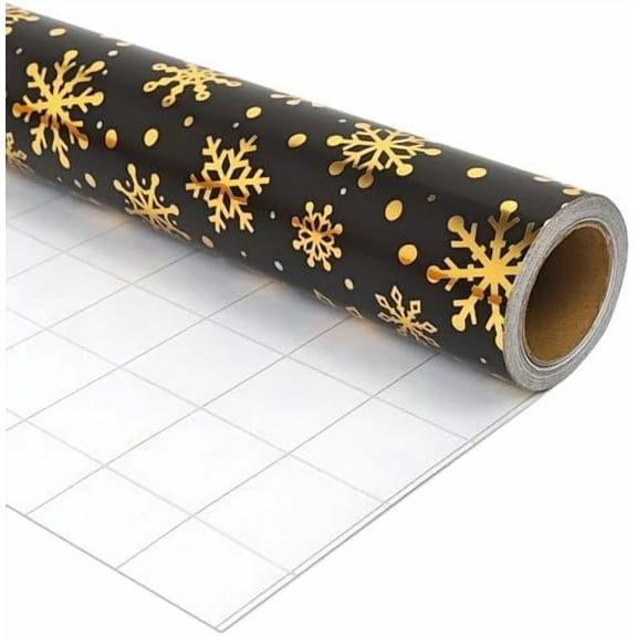 Mini Short Small Christmas Wrapping Paper Roll (17 inches X 32.8 feet) - Gold Foil Snowflakes on Black