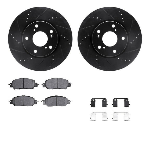 Dynamic Friction Company Front Brake Rotors-Drilled and Slotted-Black with 5000 Advanced Brake Pads includes Hardware 8512-59108