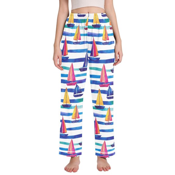 FORMRS Women's Pajama Pants with Pockets Soft Comfy Loungewear Sleep Bottom, Sizes S-2XL, Blue Hand Drawn Sailboats