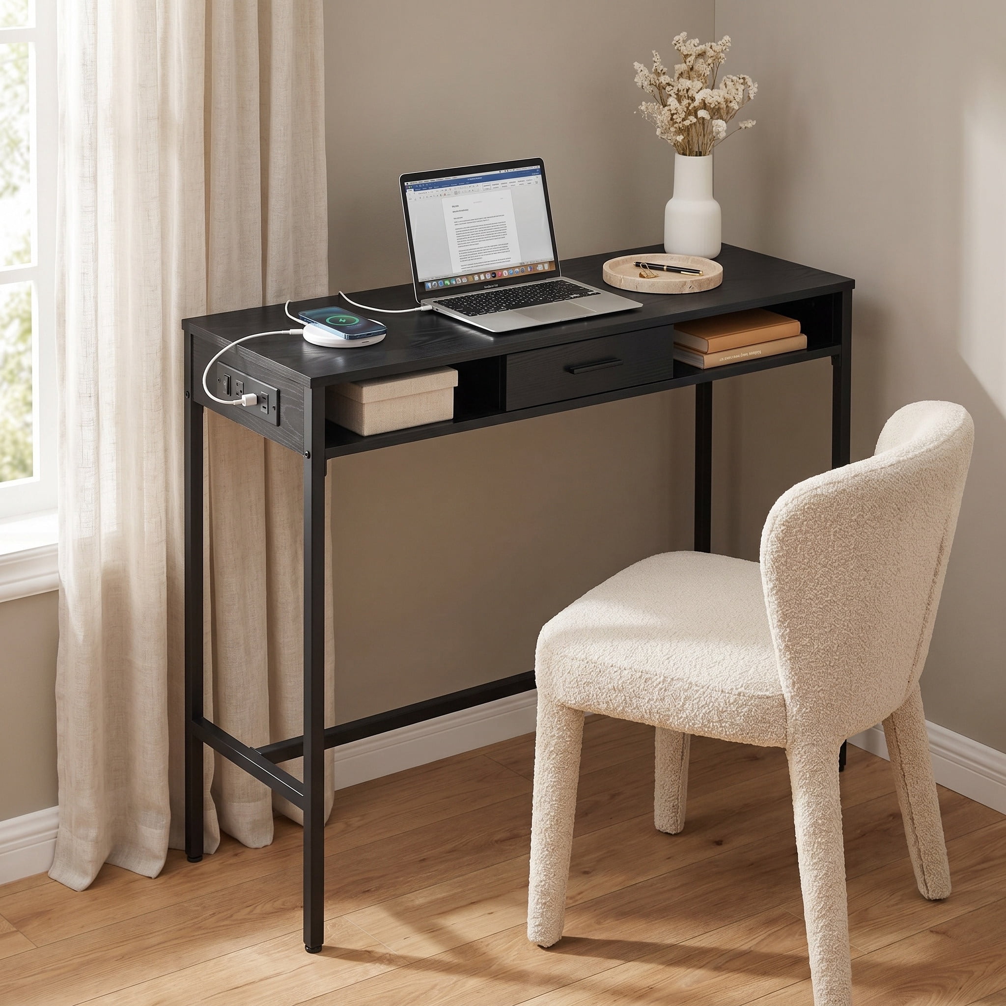 Nordic Hygge Bar Height Pub Table with Storage and Built-In Power Strip, Fabric Drawer, and Side Hooks