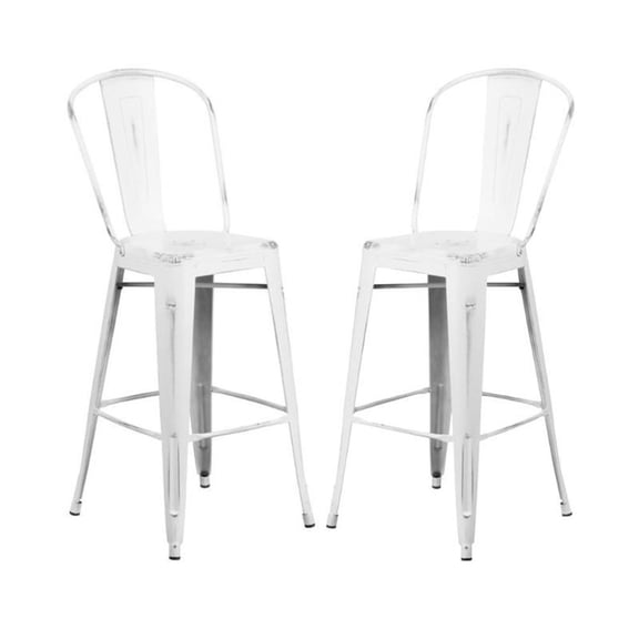 Home Square 30" Metal Curved Slat Back Bar Stool in Distressed White - Set of 2
