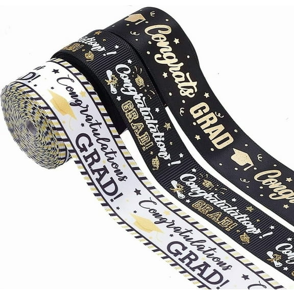 3 Rolls Graduation Ribbon 7/8" 1" Congrats Grad Ribbons Polyester Grosgrain Craft Ribbon Graduation Season Ribbon for Graduation Leis Gift Wrapping Decoration White Black 14.7 Yards