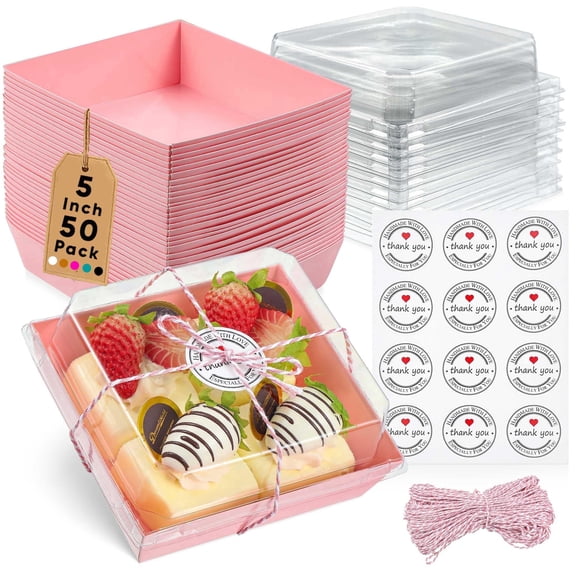 5 Inch 50 Pack Disposable Food Containers - Small Paper Boxes with Clear Lids, Greaseproof Dessert Bakery Takeout Boxes for Sandwich Cookies Sushi Cake Slice Strawberries - Pink