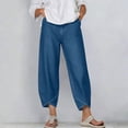 thumbnail image 2 of Miluxas Soft Faux Denim Pants for Women Casual Petal-cropped Hem Wide Leg Jeans Summer Elastic High Waist Pants with Pockets Blue, 2 of 6
