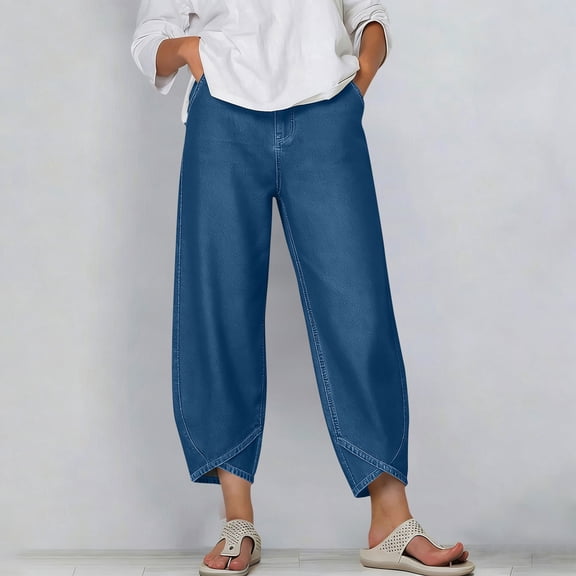 LEKWK Jeans for Women High Waist Wide Leg Cropped Pants Crossover Hem Relaxed Denim Pants with Pockets Perfect for Summer Casual Outings or Streetwear Looks