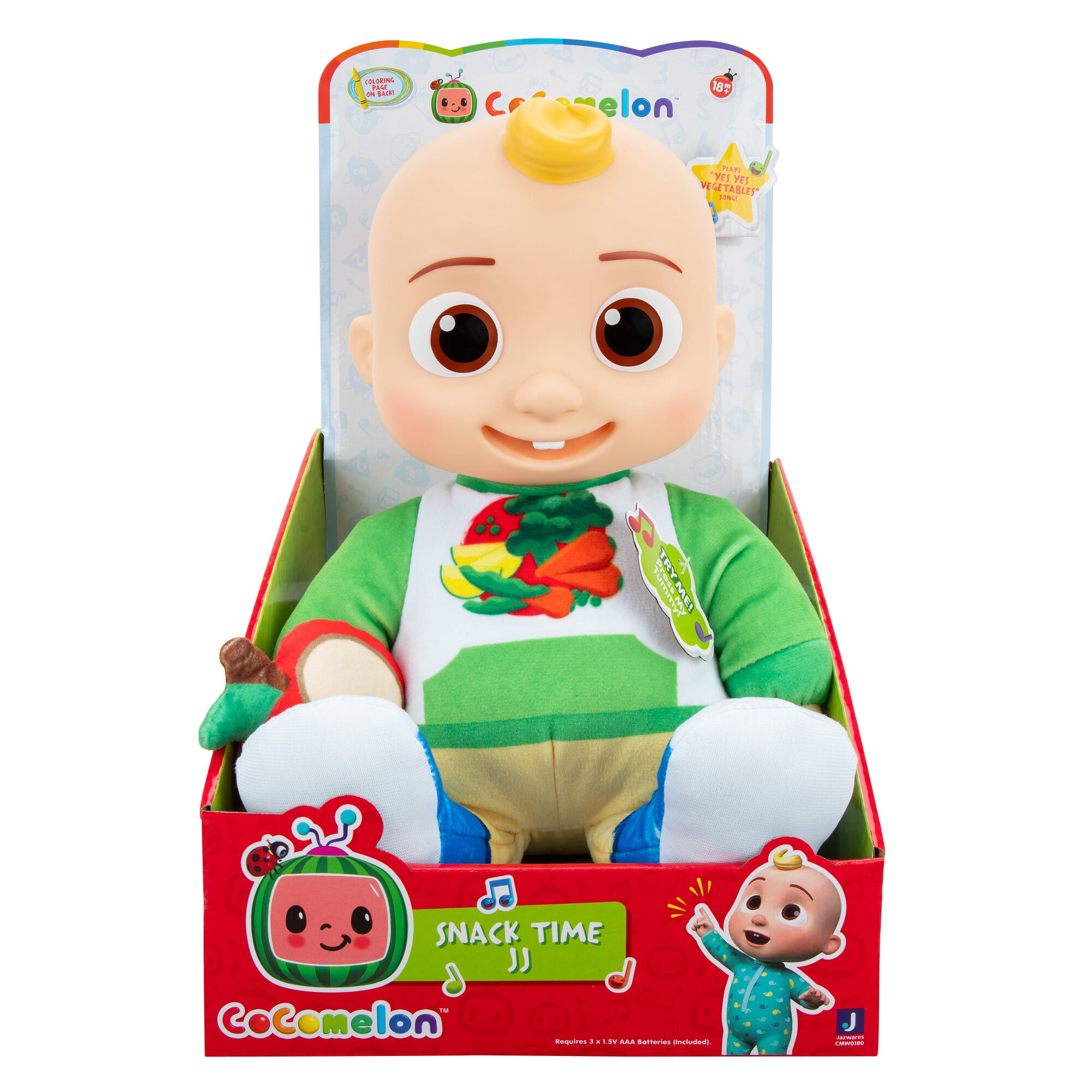 CoComelon Snack Time JJ Plush Doll - Features JJ Doll with Red Apple Plush - Plays Sounds, Phrases, and Clips of "Yes Yes Vegetables Song"
